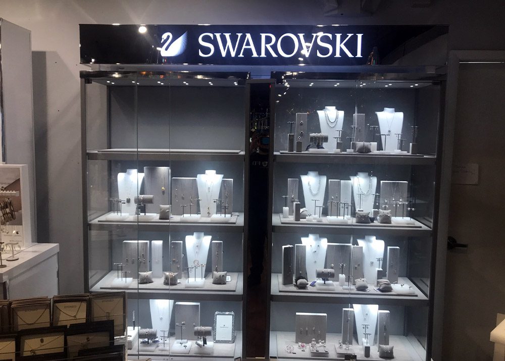 completed glass retail display at jewelry store kiosk in casino