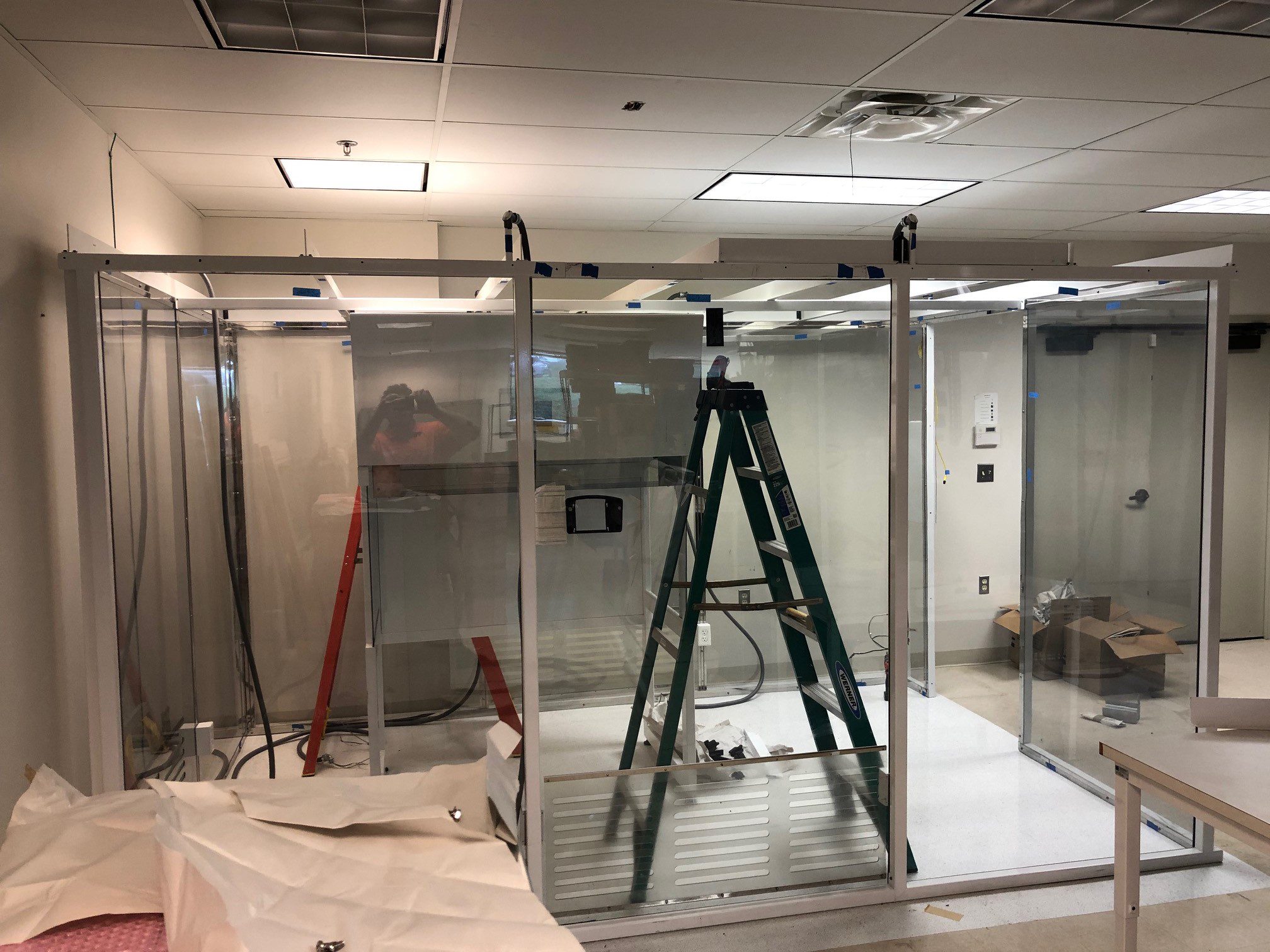 side view of medical clean room in the process of being assembled