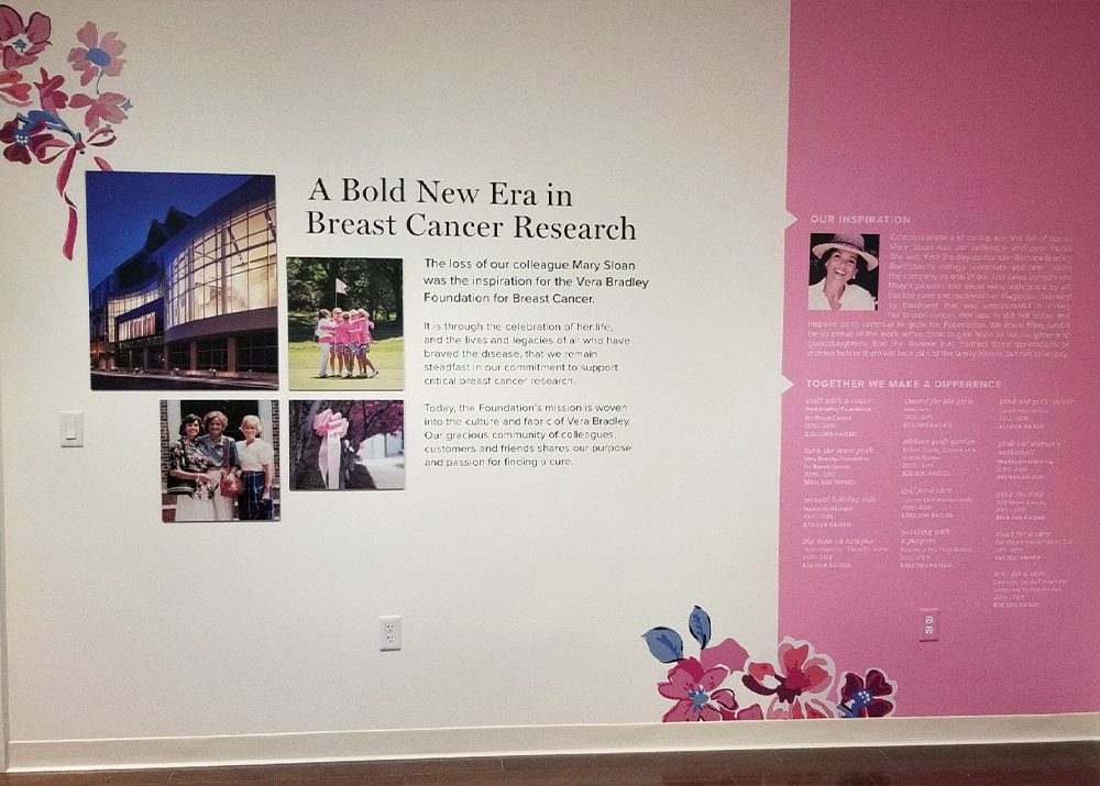 pink vinyl wall covering installation with informational text and photos